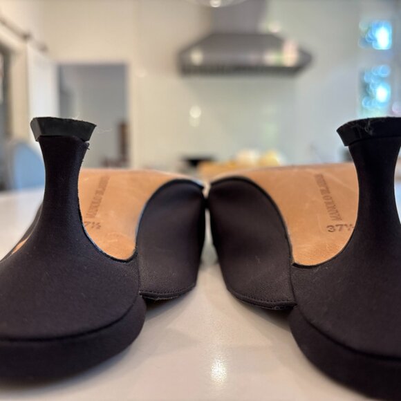 Manolo Blahnik Black Satin Faille Kitten Heel Slides / Mules - Sz 37 .5 - Picture 7 of 7